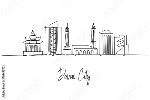 Davao City skyline single line drawing featuring Peoples Park, San Pedro Cathedral and City Hall with modern towers, a cityscape concept for Mindanao travel theme and Philippines urban identity.