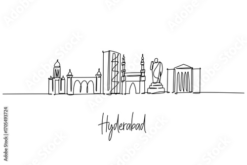 Hyderabad city skyline one line drawing with Charminar, Golconda Fort, Hussain Sagar Buddha and Chowmahalla Palace, a cityscape concept for Telangana travel theme blending heritage and business.