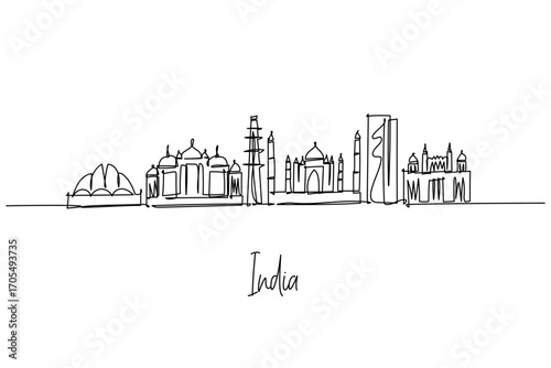 India country skyline continuous line drawing a cityscape concept for South Asia travel theme and national heritage.