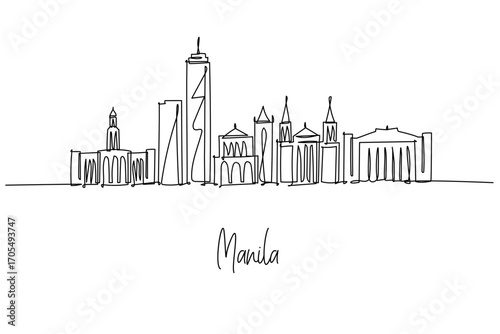 Manila city skyline one line drawing with Intramuros, Manila Cathedral, Rizal Park and Binondo landmarks, a cityscape concept for Philippines travel theme mixing heritage sites and modern towers.