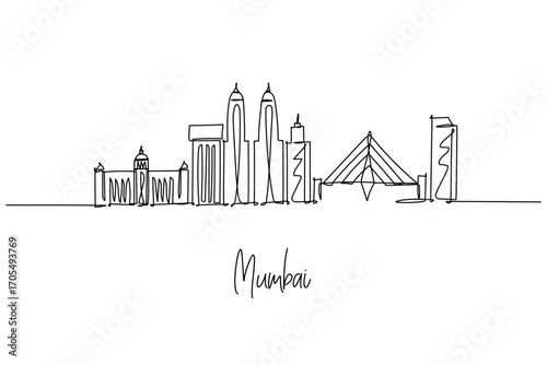 Mumbai city skyline single line drawing with Gateway of India, Bandra Worli Sea Link and Chhatrapati Shivaji Terminus, a cityscape concept for Maharashtra travel theme and India finance capital.