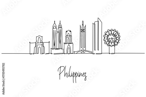 Philippines country skyline continuous line drawing including Mayon Volcano, Manila Bay, Cebu temples and Vigan heritage, a cityscape concept with archipelago travel theme for tourism and culture.
