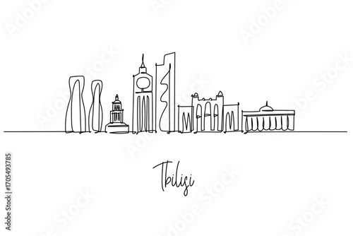 Tbilisi city skyline one line drawing featuring Bridge of Peace, Holy Trinity Cathedral, Narikala Fortress and sulfur baths, a cityscape concept for Georgia travel theme and historic charm.