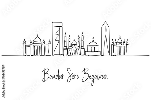 Bandar Seri Begawan city skyline one line drawing showcasing Omar Ali Saifuddien Mosque, Jame Asr Hassanil Bolkiah Mosque and Istana Nurul Iman, a cityscape concept for Brunei tourism theme.