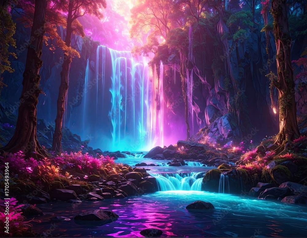 Fototapeta premium Futuristic Glowing Waterfall in Neon Forest