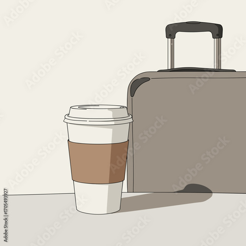 Coffee cup beside travel suitcase on minimalistic background  