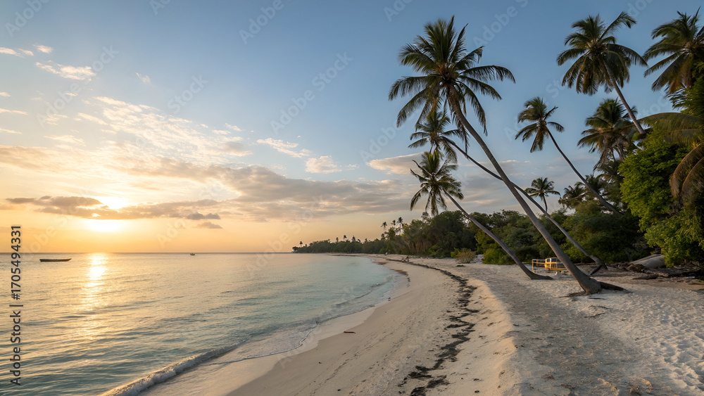 Fototapeta premium Serene Tropical Beach at Sunrise with Turquoise Waters