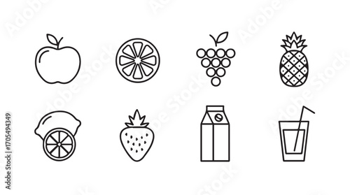 Collection of fresh fruit icons and juice box silhouette