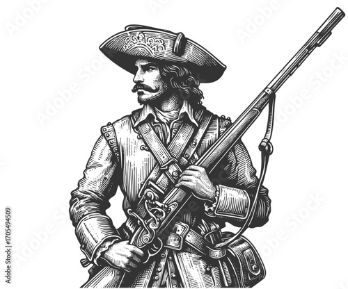 historical musketeer holding a rifle, wearing armor and feathered hat, classic European warfare sketch engraving generative ai fictional character vector illustration. Scratch board. Black and white.