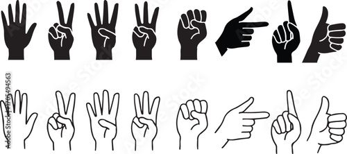 Hands collection vector outline – isolated finger and hand gestures set.eps