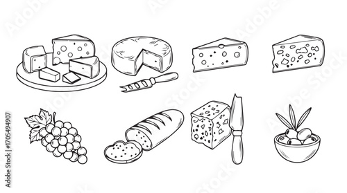 A collection of assorted cheeses and accompaniments in a hand drawn silhouette style