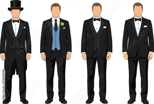 Men wearing formal tuxedos, groom wedding attire, suit styles, black tie fashion, elegant menswear illustration, vector design, classic outfit collection