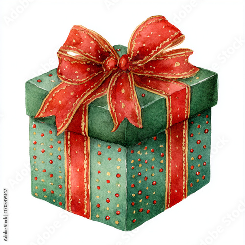 watercolor clipart of a green and red Christmas gift box with festive patterns and a big ribbon bow