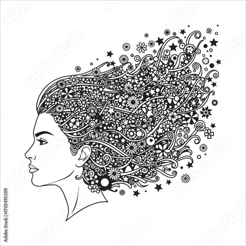 Vector art of beautiful woman with flowers and stars in her hair