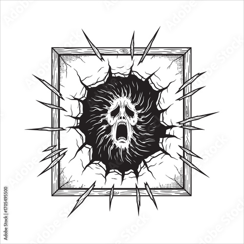 Vector art of screaming skull breaking through the wall