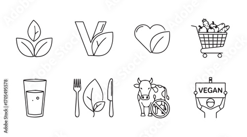 Collection of eight vegan and vegetarian food icons in a simple line art silhouette style