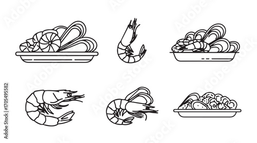 Collection of seafood illustrations featuring shrimp and mussels in a distinctive silhouette style