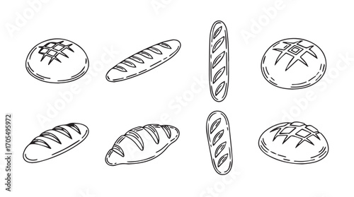 Collection of various bread types in a simple sketched silhouette style