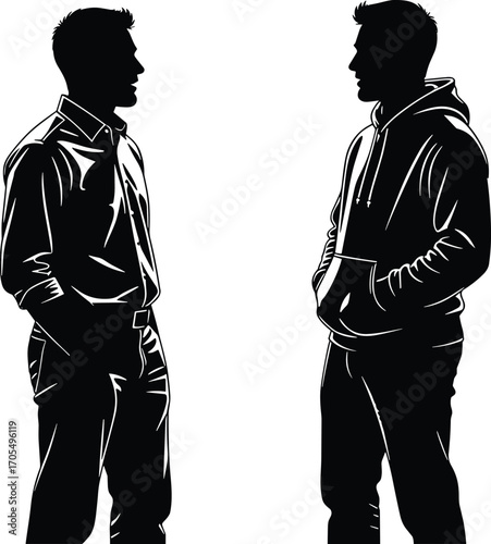 Silhouette of two men standing face to face, casual and formal outfits, talking, communication, discussion, black and white illustration