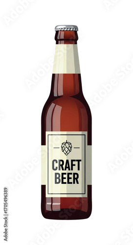 Craft beer bottle with label and hop icon.