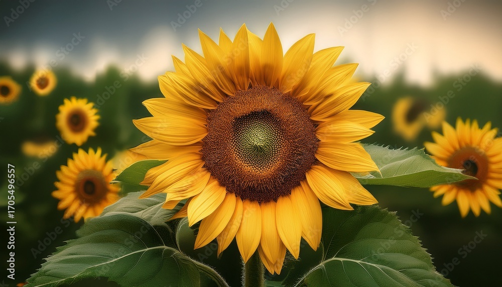 Obraz premium Bright Sunflower With Vibrant Yellow Petals Surrounded By Lush G
