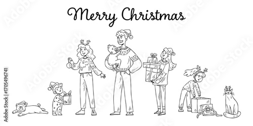 The family in Christmas sweaters and accessories. Good for patterns, cards, coloring pages, and advent calendars