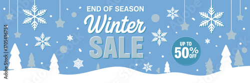 Winter Sale Banner with Origami Snowfall. Creative Vector Illustration Featuring Paper Snowflakes and Festive Design Elements for Seasonal Discounts and Holiday Promotions.