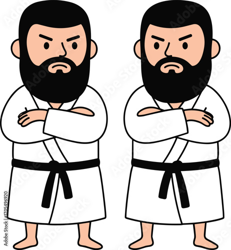 Two martial artists illustration, cartoon karate fighters, bearded men in kimono, crossed arms pose, vector dojo character design, black belt
