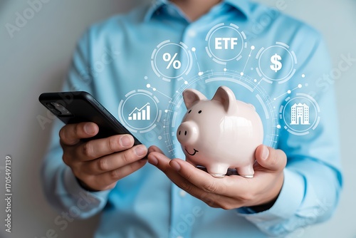 Person holding phone and piggy bank with financial icons