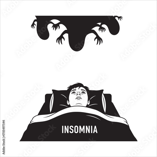 Vector art of a man lies in bed with insomnia and monsters above