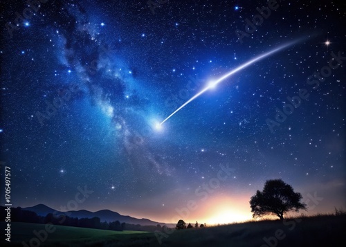 A shooting star streaks across the dark star field at midnight