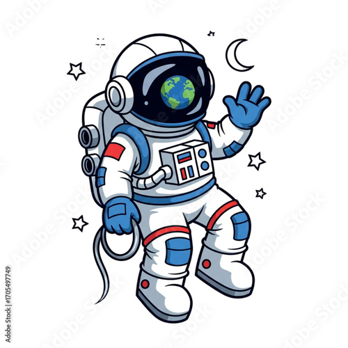 Cute Astronaut Waving in Space with Earth Reflection.