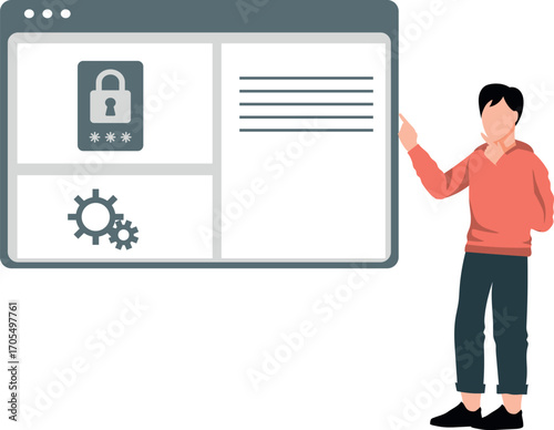 A boy is pointing at password cogwheels.