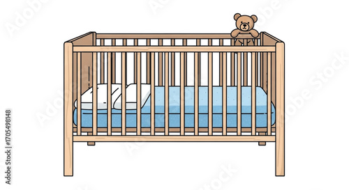 Wooden baby crib with bedding and teddy bear.