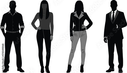 Fashion silhouettes, diverse clothing styles, modern outfits, casual and formal wear, standing poses, trendy apparel, urban fashion, stylish people, vector illustration