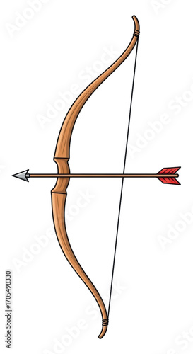 Wooden Bow and Arrow Ready to Shoot.