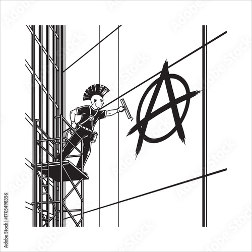 Vector art of punk rocker paints anarchy symbol on building