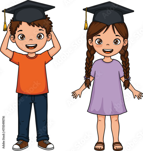 Cute cartoon boy and girl with graduation caps smiling, preschool or kindergarten graduation celebration, isolated on white background illustration