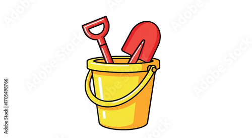 Yellow bucket with red shovel and spade for beach fun.