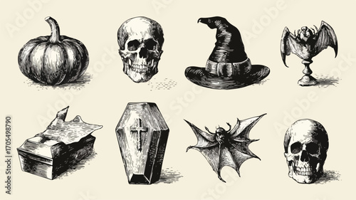 Vintage Engraving Style Halloween Icons Set for Spooky Designs