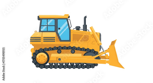 Yellow bulldozer construction vehicle with large blade and tracks.