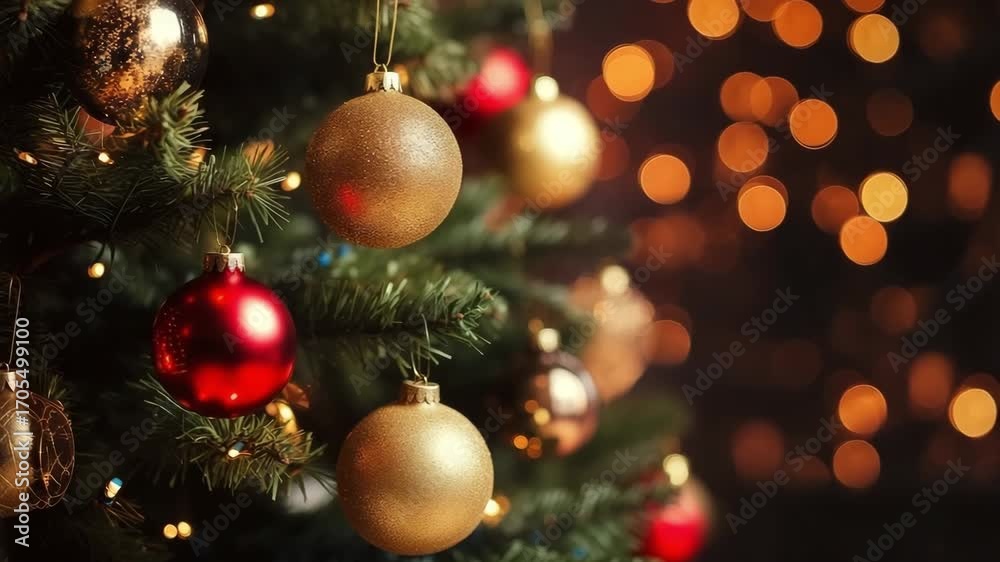 Christmas tree decorated with gold and red baubles against soft warm lights and bokeh. Festive holiday scene  for seasonal cards, decor promos, or background footage.