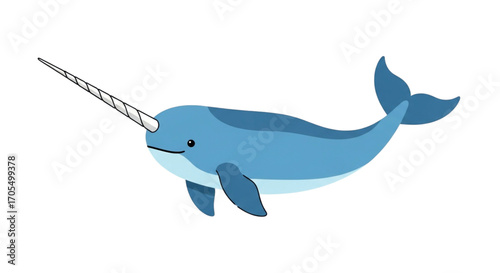 Cute Blue Narwhal with Long Tusk Illustration.