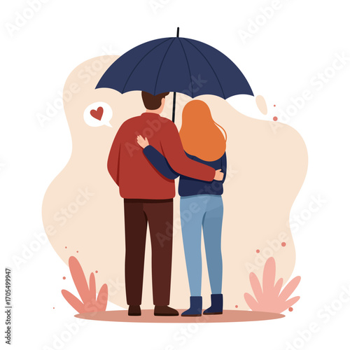 A silhouette of a loving couple holding an umbrella, providing protection from the rain
