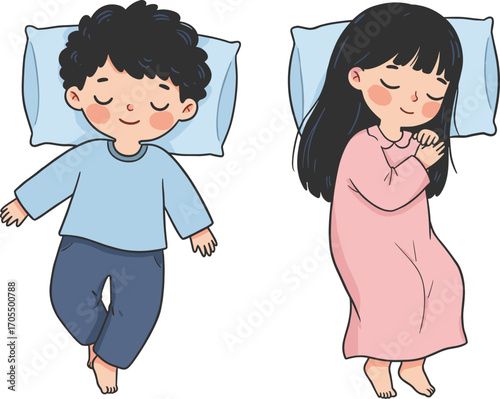 Cute children sleeping peacefully in bed, boy and girl resting on pillow, sweet dreams, night sleep illustration, bedtime cartoon drawing, kids