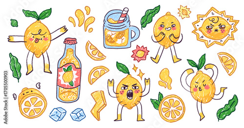 Crayons drawn lemons set with mascot characters, lemonade drinks in bottle and jar. Childish funny sour flavor design for product package. Hand drawn textured lemon vector design