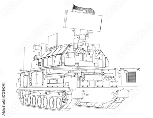 Military anti-aircraft missile system tank in detailed line art style, featuring visible tracks, turret, and gun barrel on a clean white background.