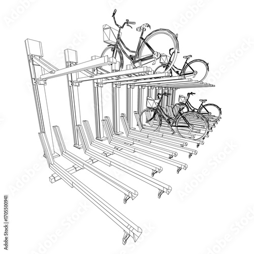 A black and white contour drawing of a bicycle rack with several neatly parked bicycles.