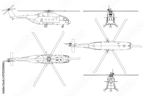 Detailed blueprint set helicopter, featuring rotor blades, landing gear, and cockpit with technical specifications.