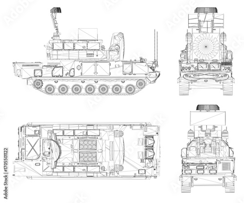Detailed blueprint of a military anti-aircraft missile system tank, featuring a 3D model with visible turret, tracks, and intricate mechanical components.